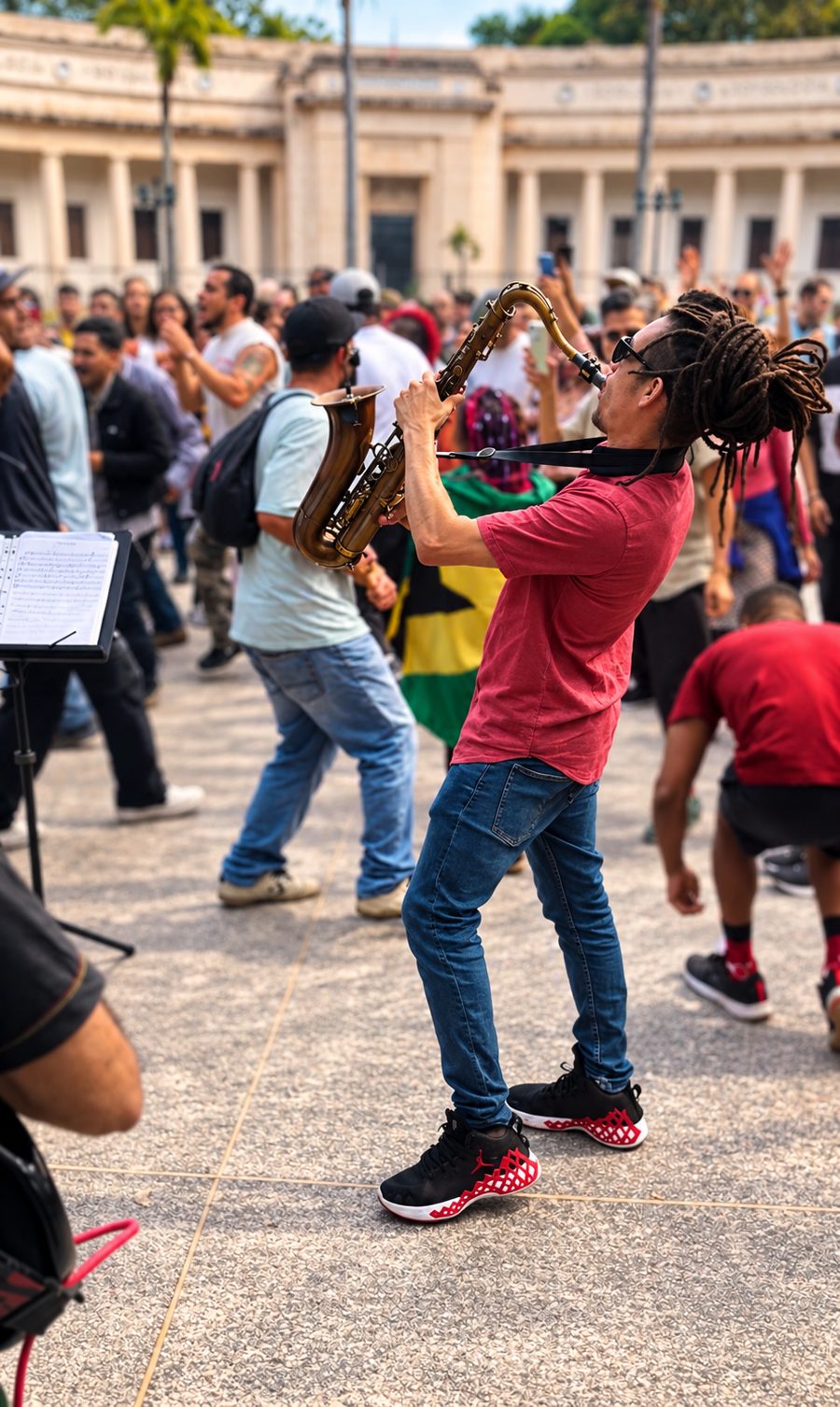 Kevin Alva playing saxophone among a dancing crowd in an open-air square